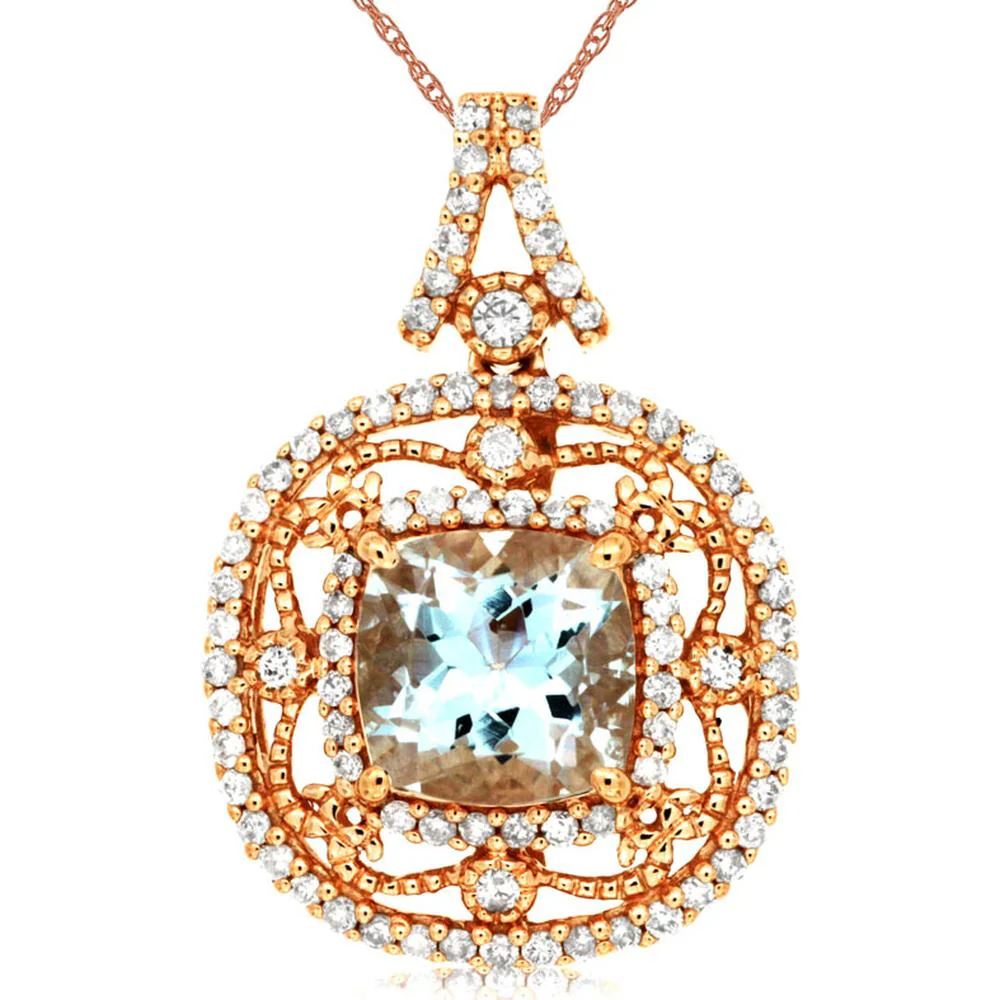 14K Rose Gold Aquamarine & Diamond Pendant with Cushion Cut Aquamarine - 1.78 Carats Total Gem Weight - Royal Jewelry