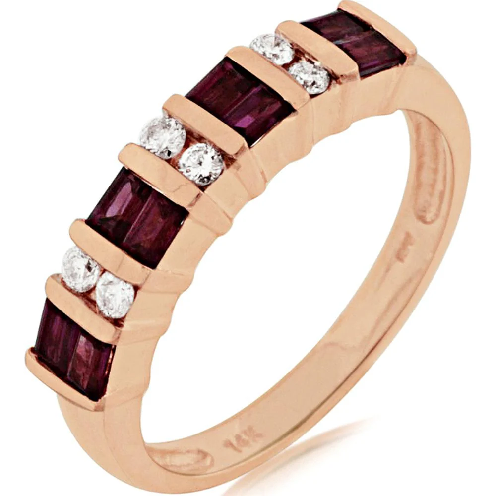 14K Rose Gold Band Ring with Channel-Set Baguette Rubies and Round Diamond Accents - 0.76 Carat Total Gem Weight - Royal Jewelry
