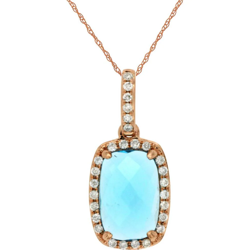 14K Rose Gold Blue Topaz & Diamond Halo Pendant - 1.85 Carats Blue Topaz, 0.11 Carats Diamond Total Weight - Royal Jewelry
