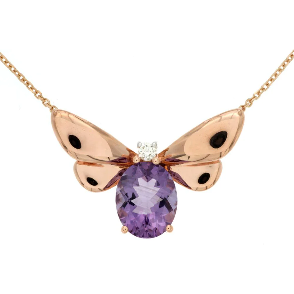 14K Rose Gold Butterfly Motif Pendant Necklace with 2.10 Carat Oval Amethyst and 0.06 Carat Diamond Accent - Royal Jewelry