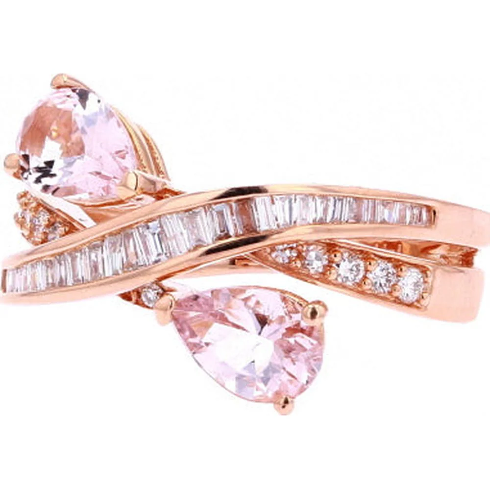 14K Rose Gold Bypass Ring with 1.65 Carat Pear - Shaped Morganites and 0.42 Carat Baguette and Round Diamond Accents - Image 2