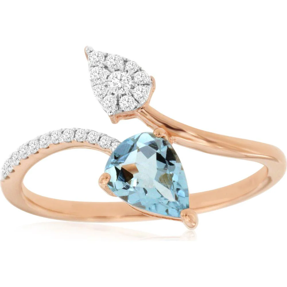 14K Rose Gold Bypass Ring with Pear-Shaped Aquamarine (0.65ct) and Diamond Cluster (0.12ct) - Royal Jewelry
