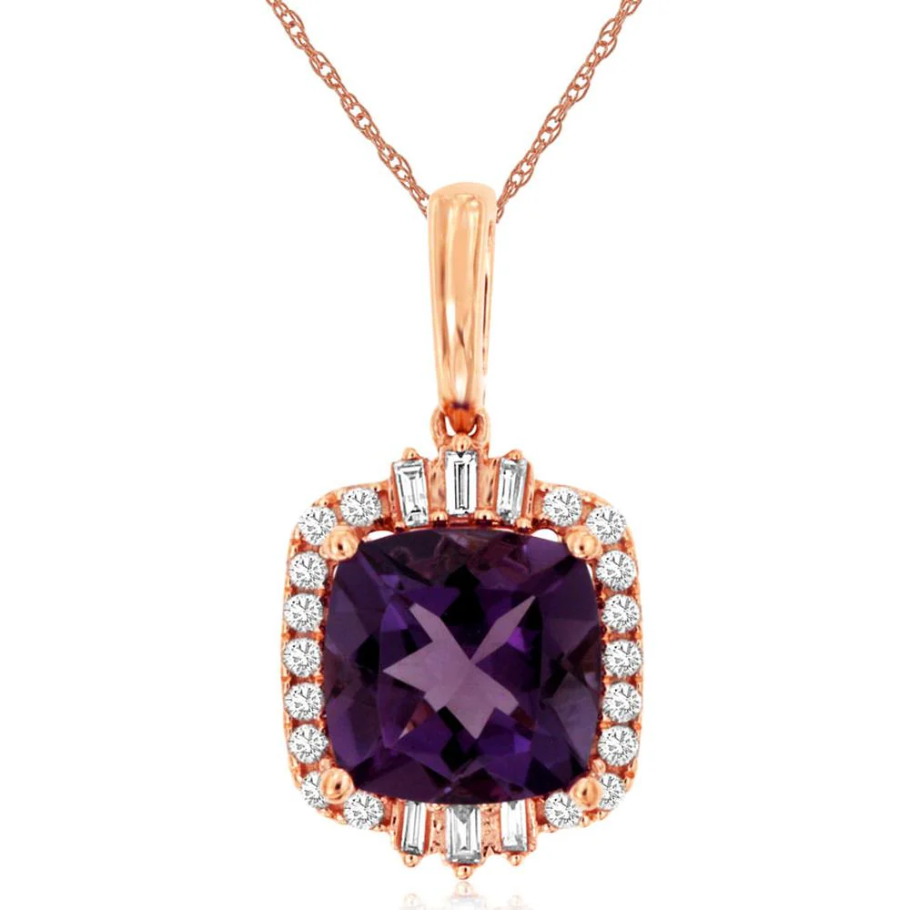 14K Rose Gold Cushion Amethyst and Diamond Halo Pendant with Baguette Diamond Accents - 1.90 Carat Amethyst and 0.18 Carat Total Diamond Weight - Royal Jewelry