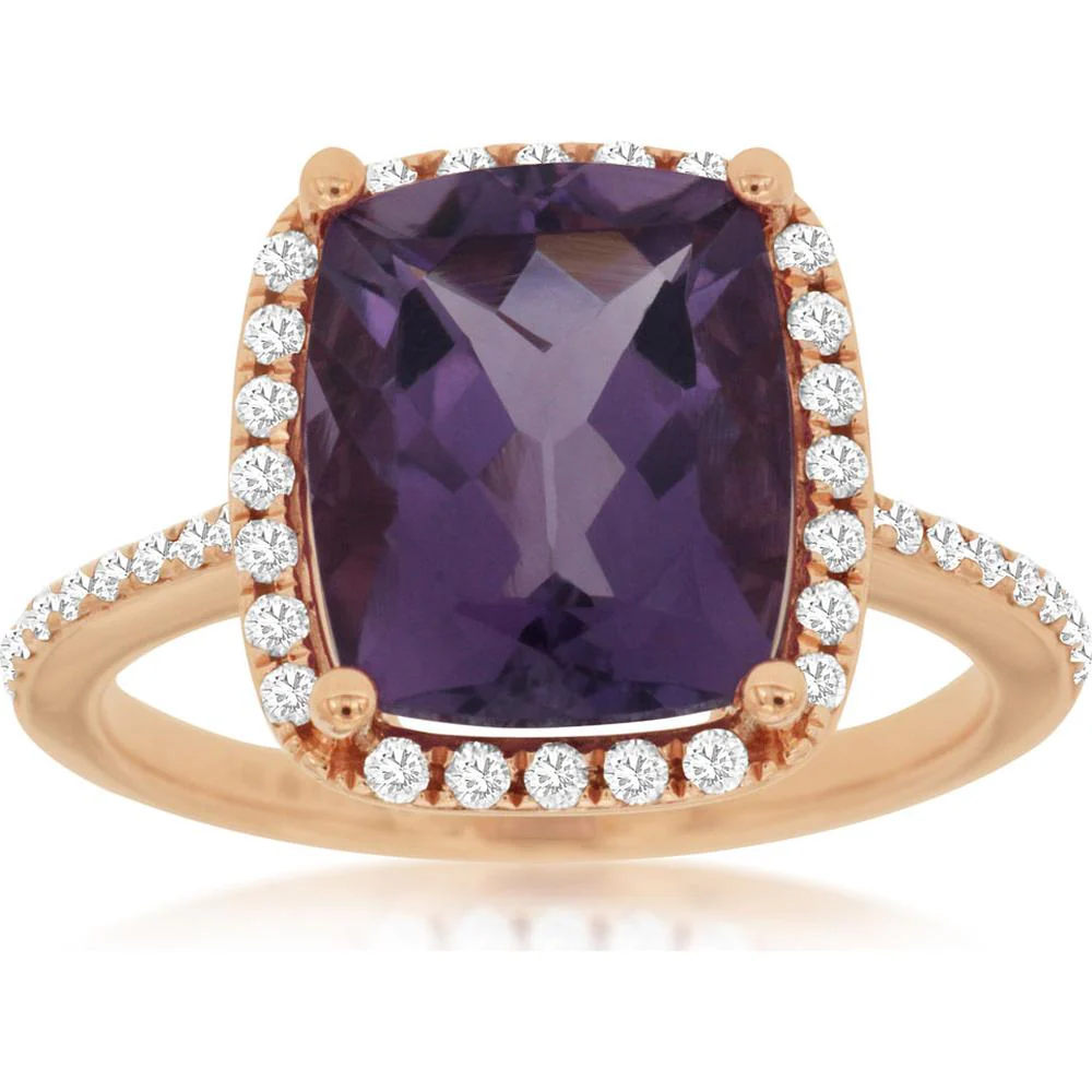 14K Rose Gold Cushion Cut Amethyst and Diamond Halo Ring - 3.70 Carat Amethyst, 0.30 Carat Diamonds - Royal Jewelry