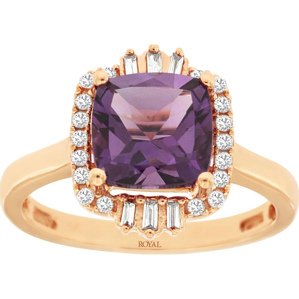 14K Rose Gold Cushion Cut Amethyst and Diamond Halo Ring with Baguette and Round Accents - 1.90 Carat Amethyst, 0.21 Carat Total Diamond Weight - Royal Jewelry