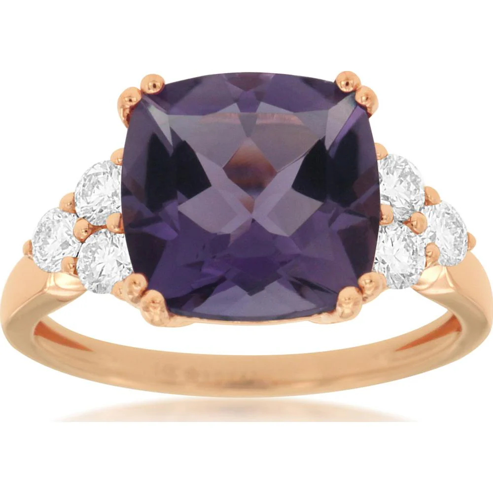 14K Rose Gold Cushion Cut Amethyst and Diamond Ring - 3.50 Carat Amethyst and 0.45 Carat Total Diamond Weight - Royal Jewelry