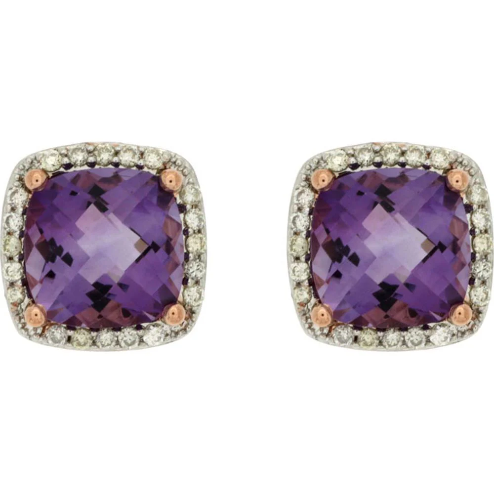 14K Rose Gold Cushion Cut Amethyst & Diamond Stud Earrings - 2.8 Carats Total Amethyst Weight - Royal Jewelry