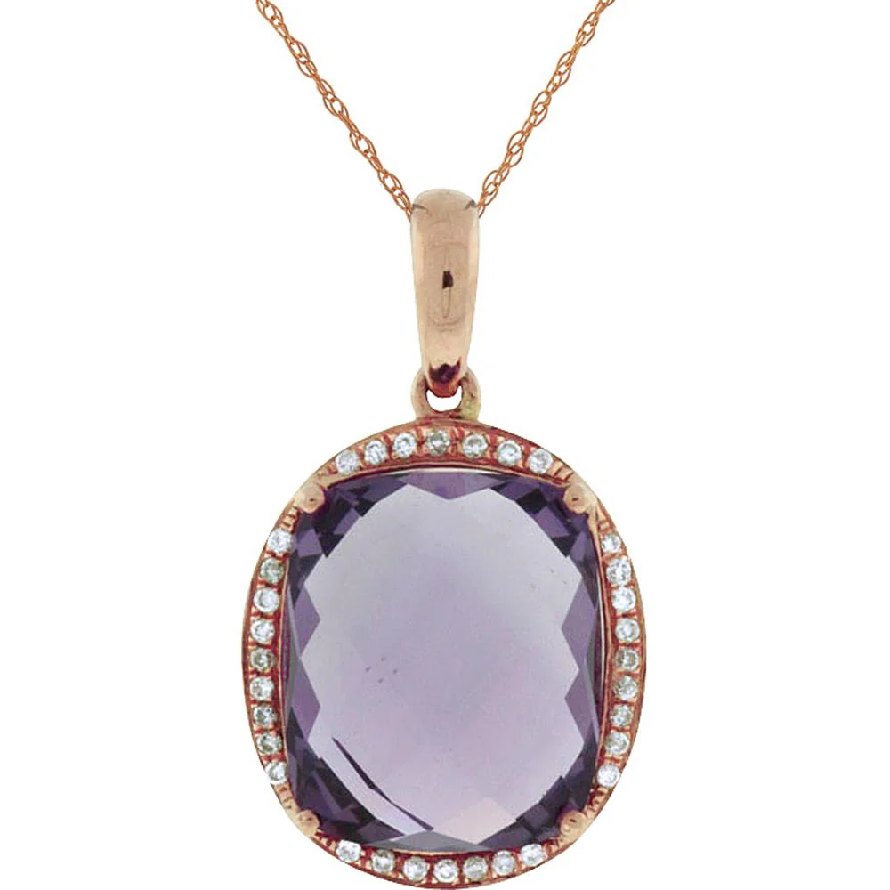 14K Rose Gold Cushion Cut Amethyst & Round Diamond Halo Pendant - 5.80 Carat Amethyst, 0.10 Carat Diamond Total Weight - Royal Jewelry