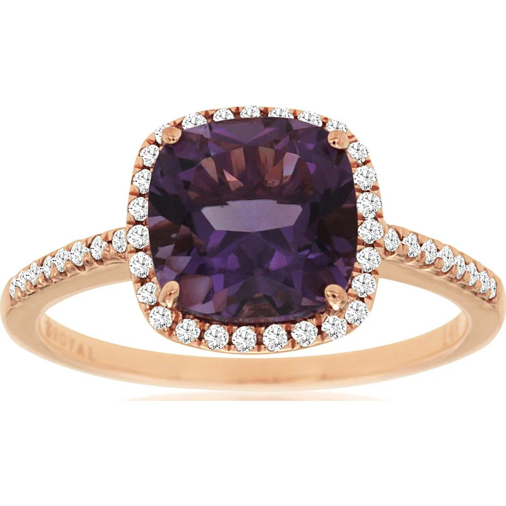 14K Rose Gold Cushion Cut Amethyst Ring with Diamond Halo and Pavé Band - 1.90 Carat Amethyst, 0.18 Carat Total Diamond Weight - Royal Jewelry