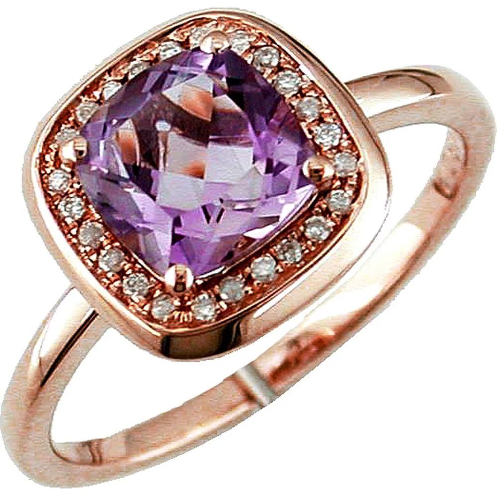 14K Rose Gold Cushion Cut Amethyst Ring with Round Diamond Halo - 1.45 Carat Amethyst & 0.09 Carat Total Diamond Weight - Royal Jewelry