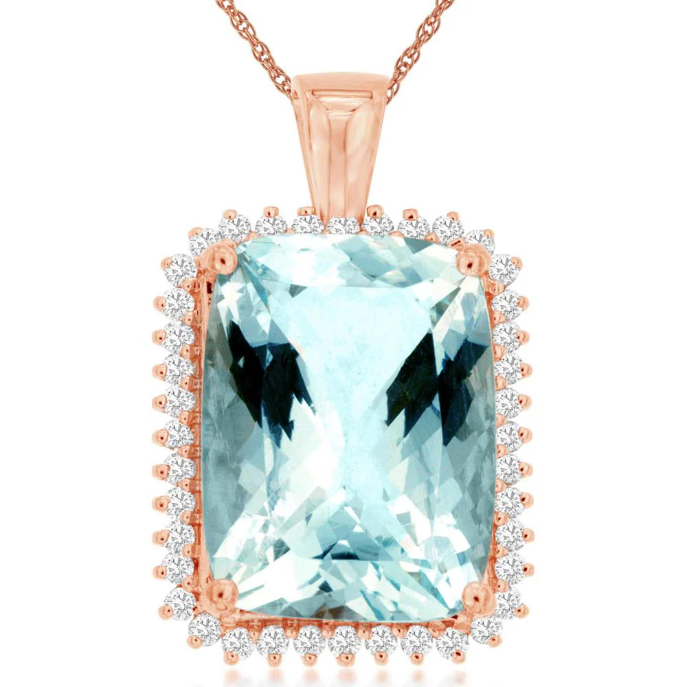 14K Rose Gold Cushion Cut Aquamarine Halo Pendant with Round Diamonds - 12.50 Carat Aquamarine & 0.50 Carat Total Diamond Weight - Royal Jewelry