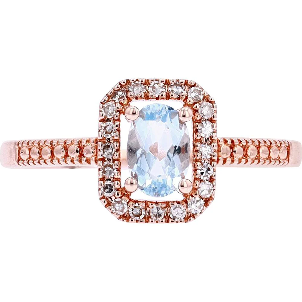 14K Rose Gold Cushion - Cut Aquamarine Halo Ring with 0.12 Carat Diamond Accents