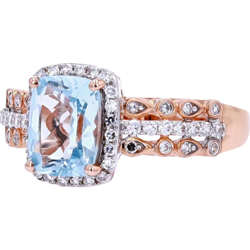 14K Rose Gold Cushion Cut Aquamarine Ring with 0.25 Carat Diamond Halo - Image 2
