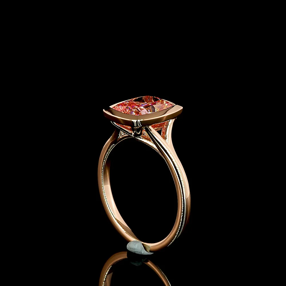 14K Rose Gold Cushion Cut Bezel Set Fancy Vivid Pink Lab Diamond Special Ring - 3.13 Carat Total Weight with IGI Certification - Covaloro Fine Jewelry - Image 3