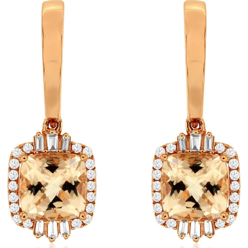 14K Rose Gold Cushion Cut Morganite and Diamond Halo Drop Earrings with Baguette Accents - 2.50 Carat Total Morganite Weight, 0.29 Carat Total Diamond Weight - Royal Jewelry