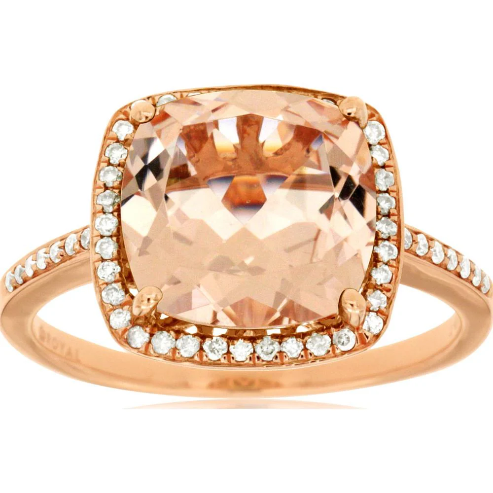 14K Rose Gold Cushion Cut Morganite and Diamond Halo Ring with Milgrain Detail and Diamond Shoulders - 3.50 Carat Morganite, 0.20 Carat Total Diamond Weight - Royal Jewelry