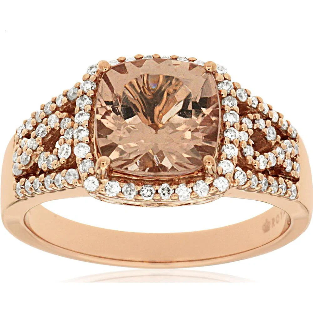14K Rose Gold Cushion Cut Morganite Ring with Diamond Halo and Diamond Split Shank - 2.00 Carat Morganite & 0.35 Carat Total Diamond Weight - Royal Jewelry