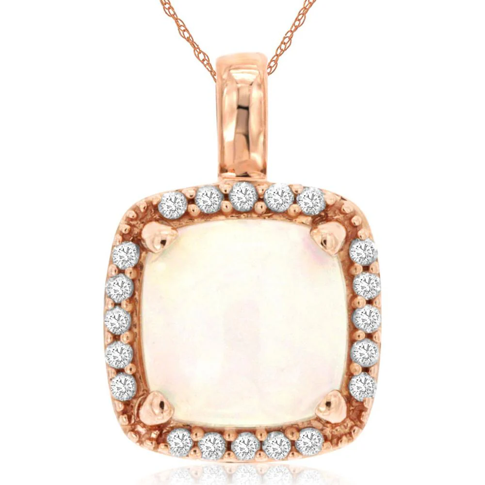 14K Rose Gold Cushion Cut Opal and Diamond Halo Pendant - 1.40 Carat Opal, 0.13 Carat Total Diamond Weight - Royal Jewelry