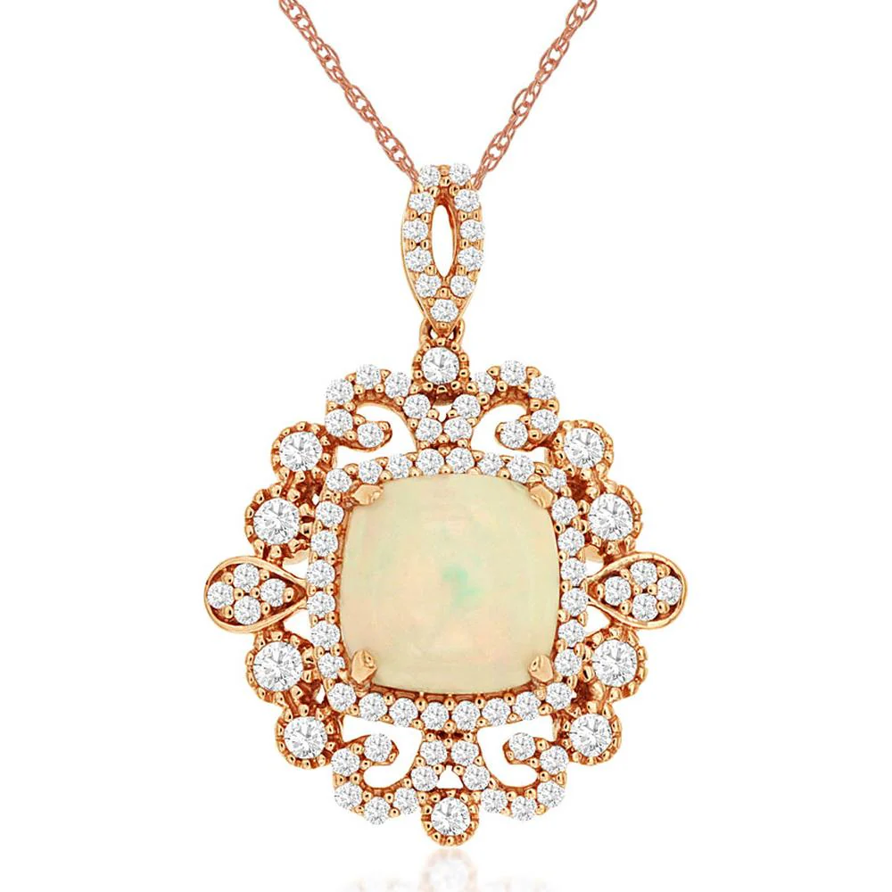 14K Rose Gold Cushion Cut Opal Pendant with Diamond Halo Accents - 1.40 Carat Opal and 0.57 Carat Total Diamond Weight - Royal Jewelry