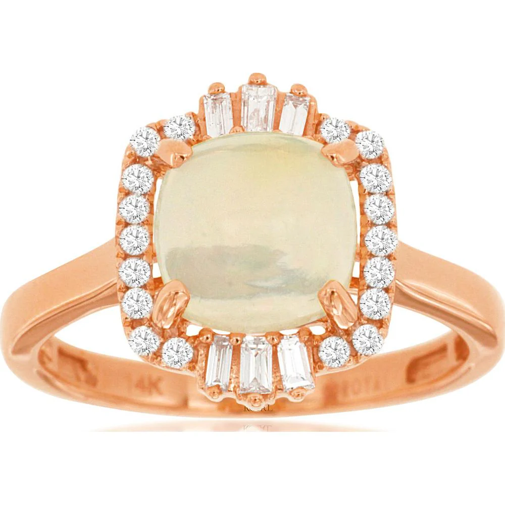 14K Rose Gold Cushion Cut Opal Ring with Round and Baguette Diamond Halo Accents - 1.40 Carat Opal and 0.21 Carat Total Diamond Weight - Royal Jewelry