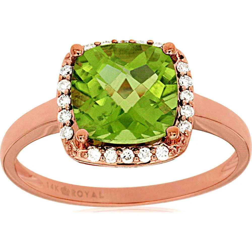14K Rose Gold Cushion Cut Peridot and Diamond Halo Ring - 2.10 Carat Peridot, 0.13 Carat Diamonds - Royal Jewelry