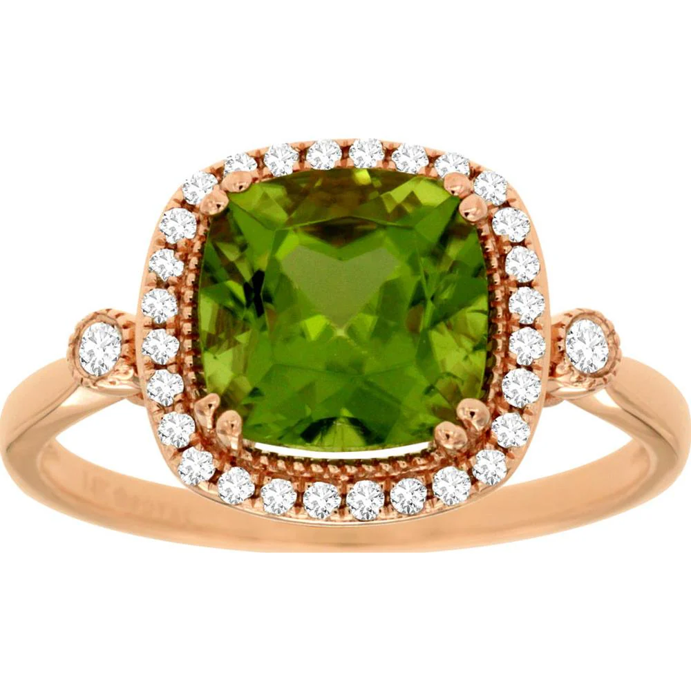 14K Rose Gold Cushion Cut Peridot and Diamond Halo Ring with Vintage Milgrain Detail - 2.10 Carat Peridot, 0.18 Carat Total Diamond Weight - Royal Jewelry