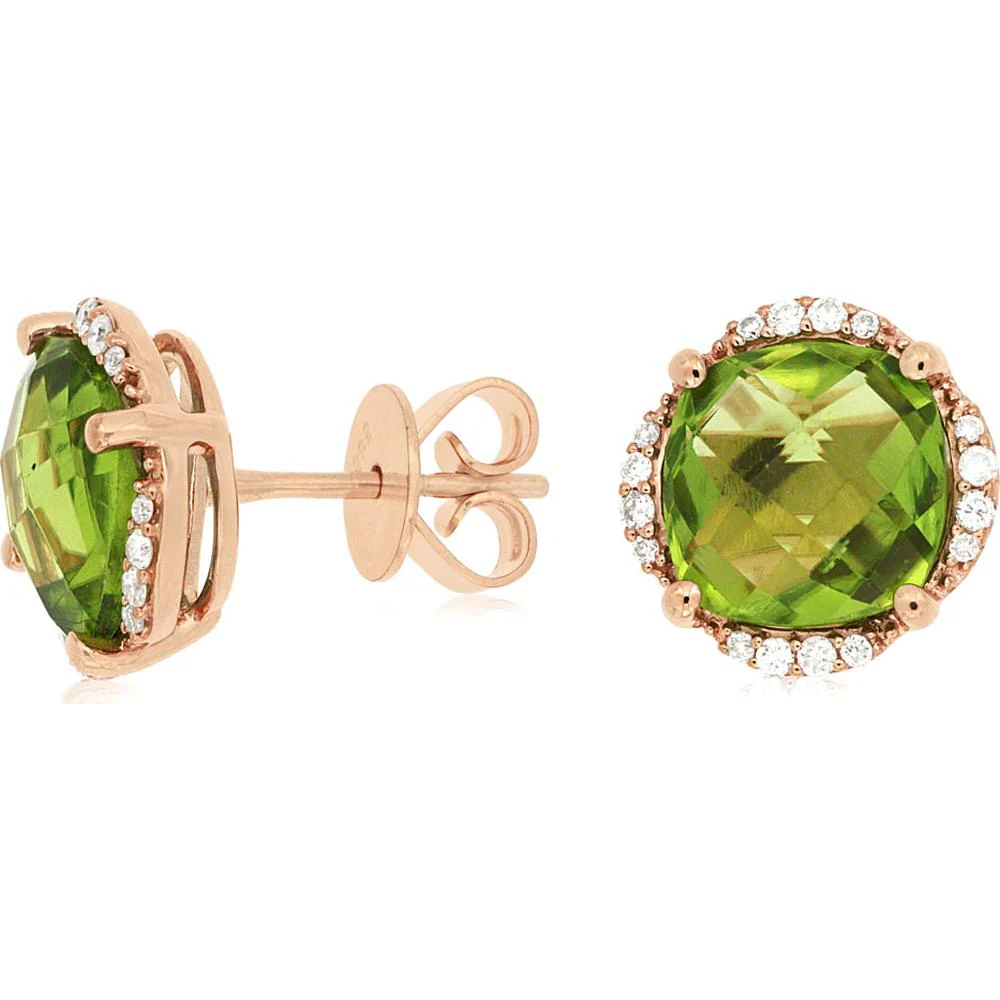 14K Rose Gold Cushion Cut Peridot & Diamond Stud Earrings - 4.30 Carats Total Peridot Weight - Royal Jewelry