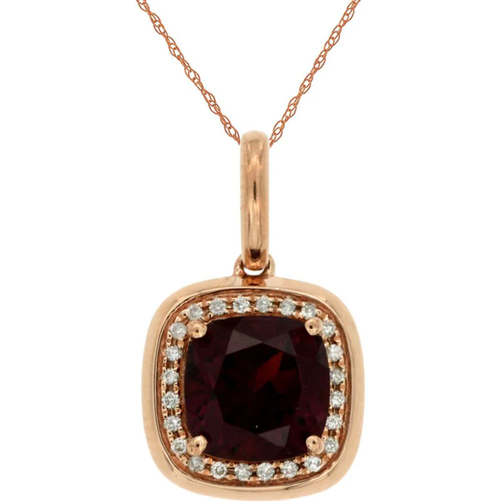 14K Rose Gold Cushion Cut Rhodolite and Diamond Halo Pendant - 1.70 Carat Rhodolite and 0.08 Carat Total Diamond Weight - Royal Jewelry