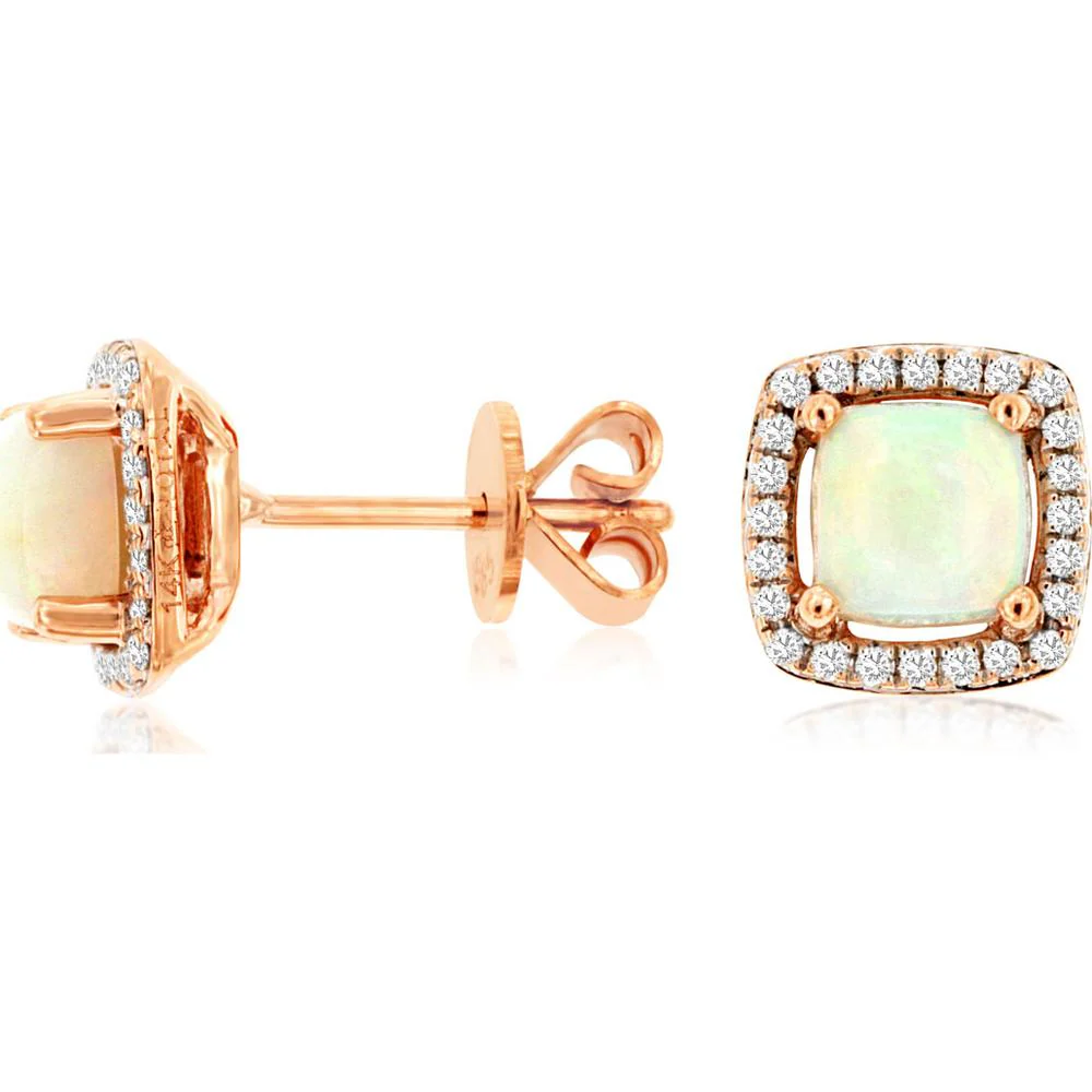 14K Rose Gold Cushion Opal and Diamond Halo Stud Earrings with 0.80 Carat Total Opal Weight and 0.14 Carat Total Diamond Weight - Royal Jewelry