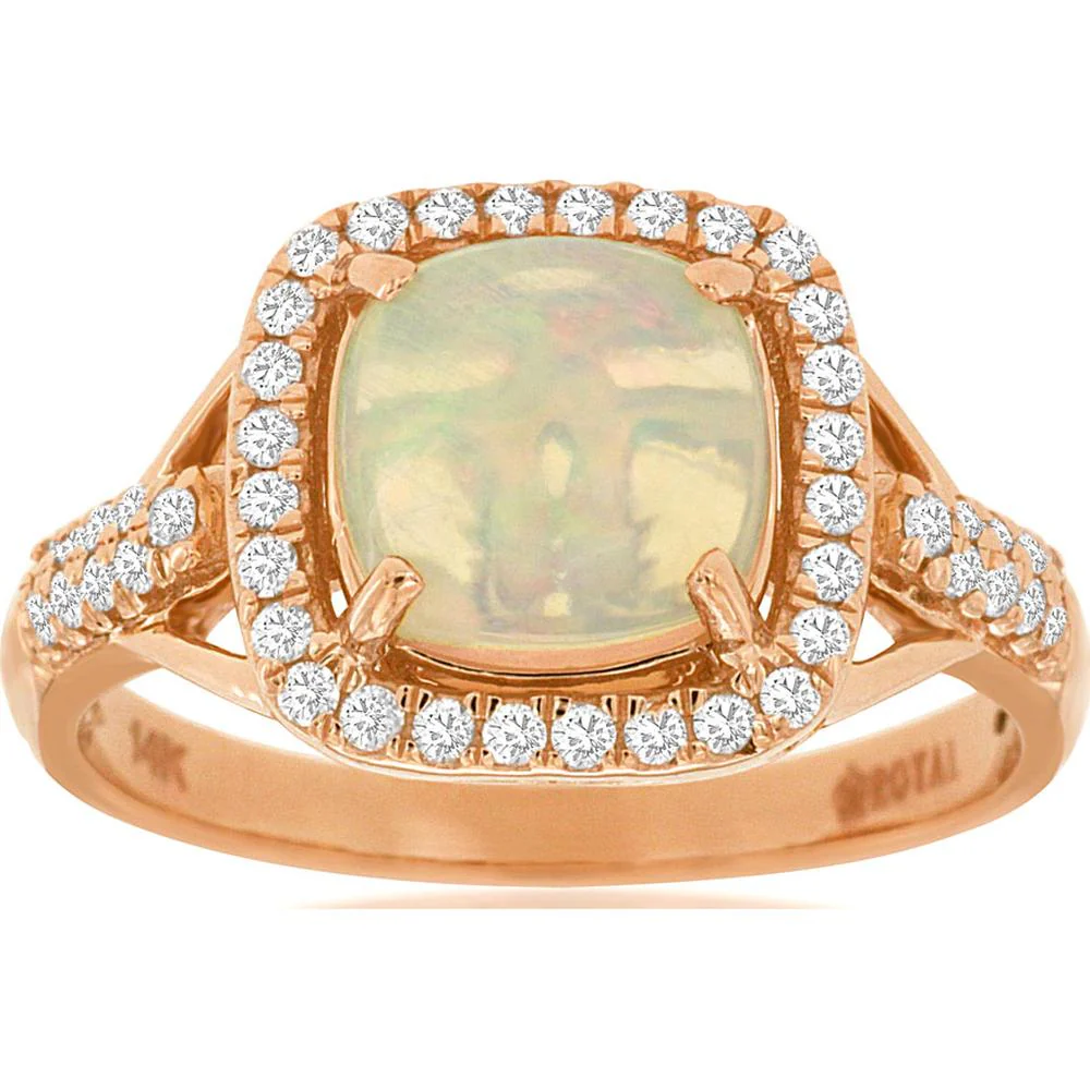 14K Rose Gold Cushion Opal Halo Ring with Round Diamonds on Split Shank - 1.70 Carat Opal and 0.30 Carat Total Diamond Weight - Royal Jewelry