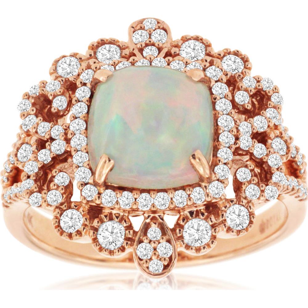 14K Rose Gold Cushion Opal Ring with Floral Halo Round Diamonds - 1.40 Carat Opal and 0.60 Carat Total Diamond Weight - Royal Jewelry