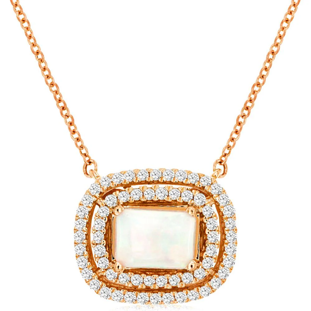 14K Rose Gold Cushion-Shaped Opal Necklace with Double Halo Round Diamonds - 0.70 Carat Opal and 0.33 Carat Total Diamond Weight - Royal Jewelry