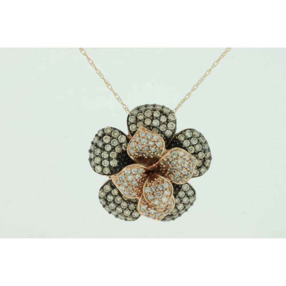 14K Rose Gold Diamond & Mocha Diamond Flower Pendant - 1.25 Carats Total Diamond Weight - Royal Jewelry