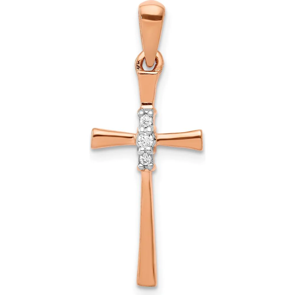 14K Rose Gold Diamond Cross Pendant with 3 Round Diamonds - 0.06 Carat Total Diamond Weight by Monteluci Fine Jewelry