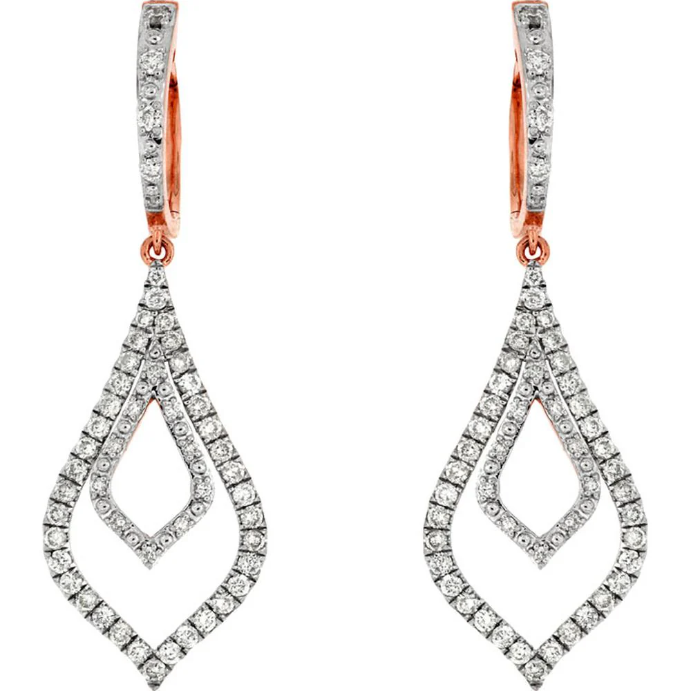 14K Rose Gold Diamond Drop Earrings with Pavé Set Round Diamonds - 0.75 Carat Total Diamond Weight - Royal Jewelry