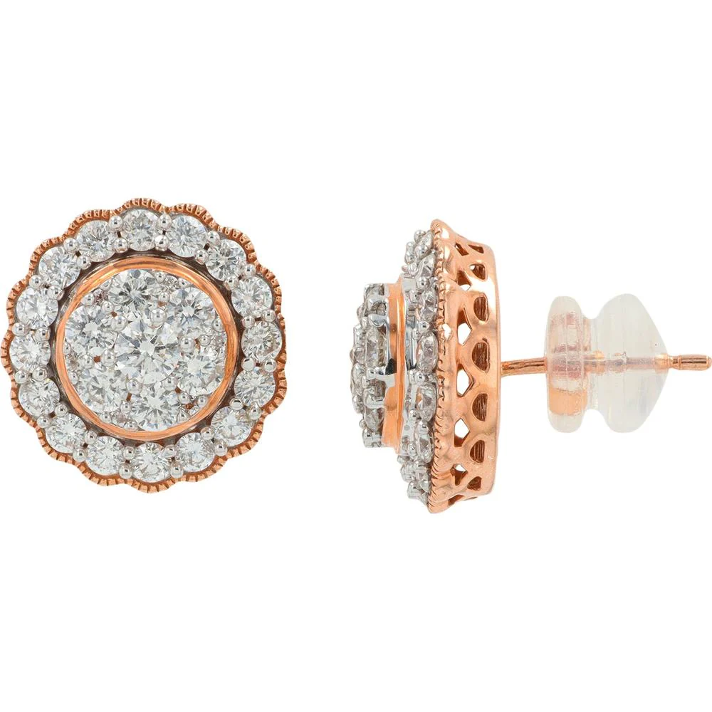 14K Rose Gold Diamond Halo Stud Earrings - 1.50 Carat Total Diamond Weight - Image 2