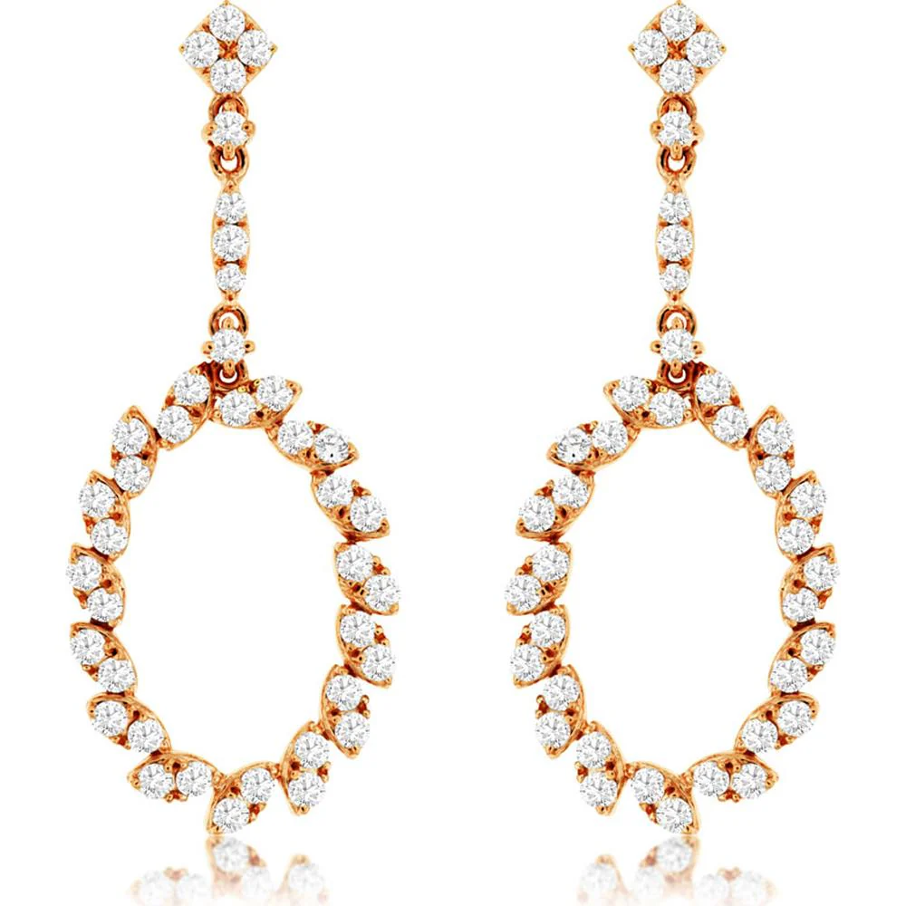 14K Rose Gold Diamond Oval Drop Earrings - 0.98 Carats Total Diamond Weight - Royal Jewelry