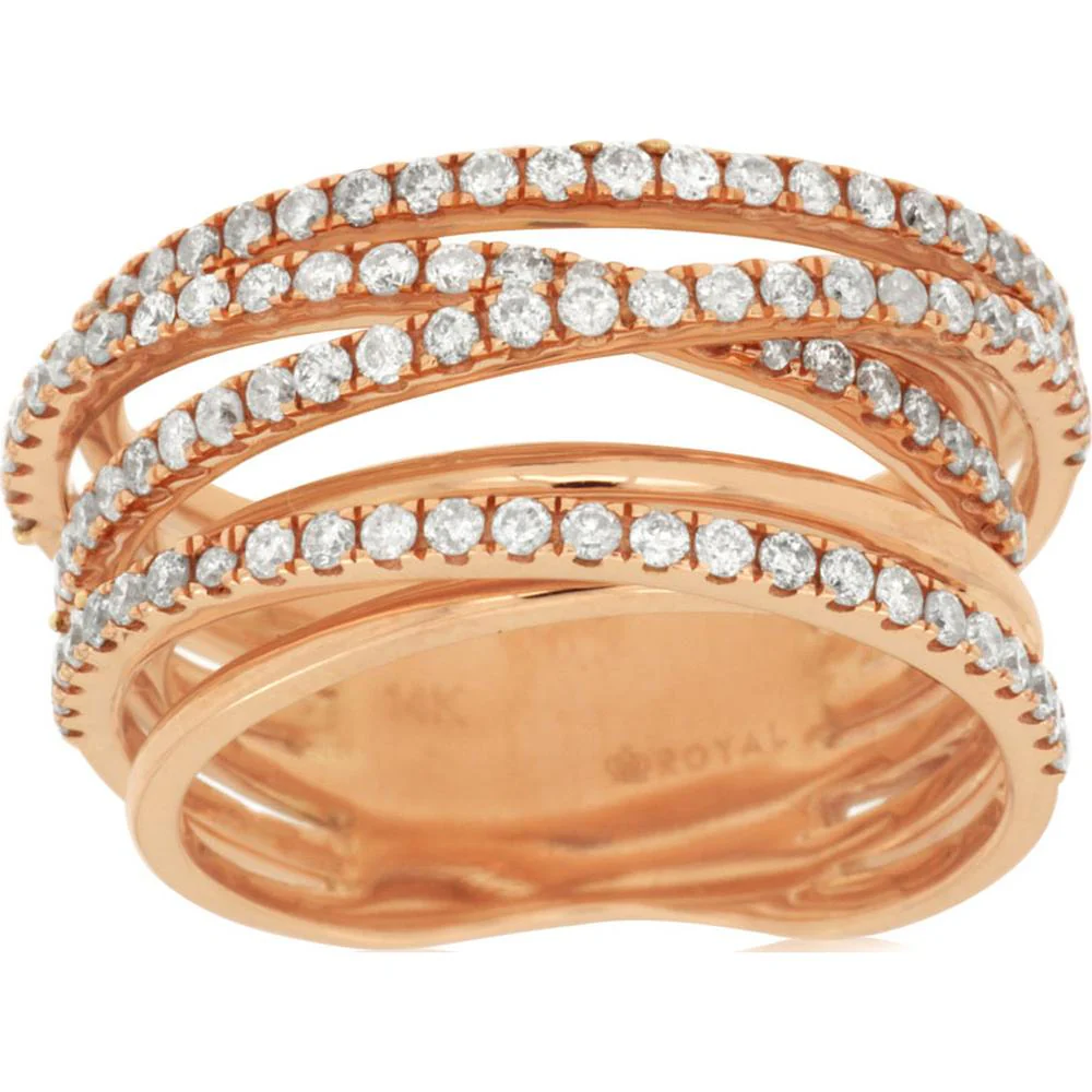 14K Rose Gold Diamond Swirling Band Ring with Prong Set Round Diamonds - 0.93 Carats Total Diamond Weight - Royal Jewelry