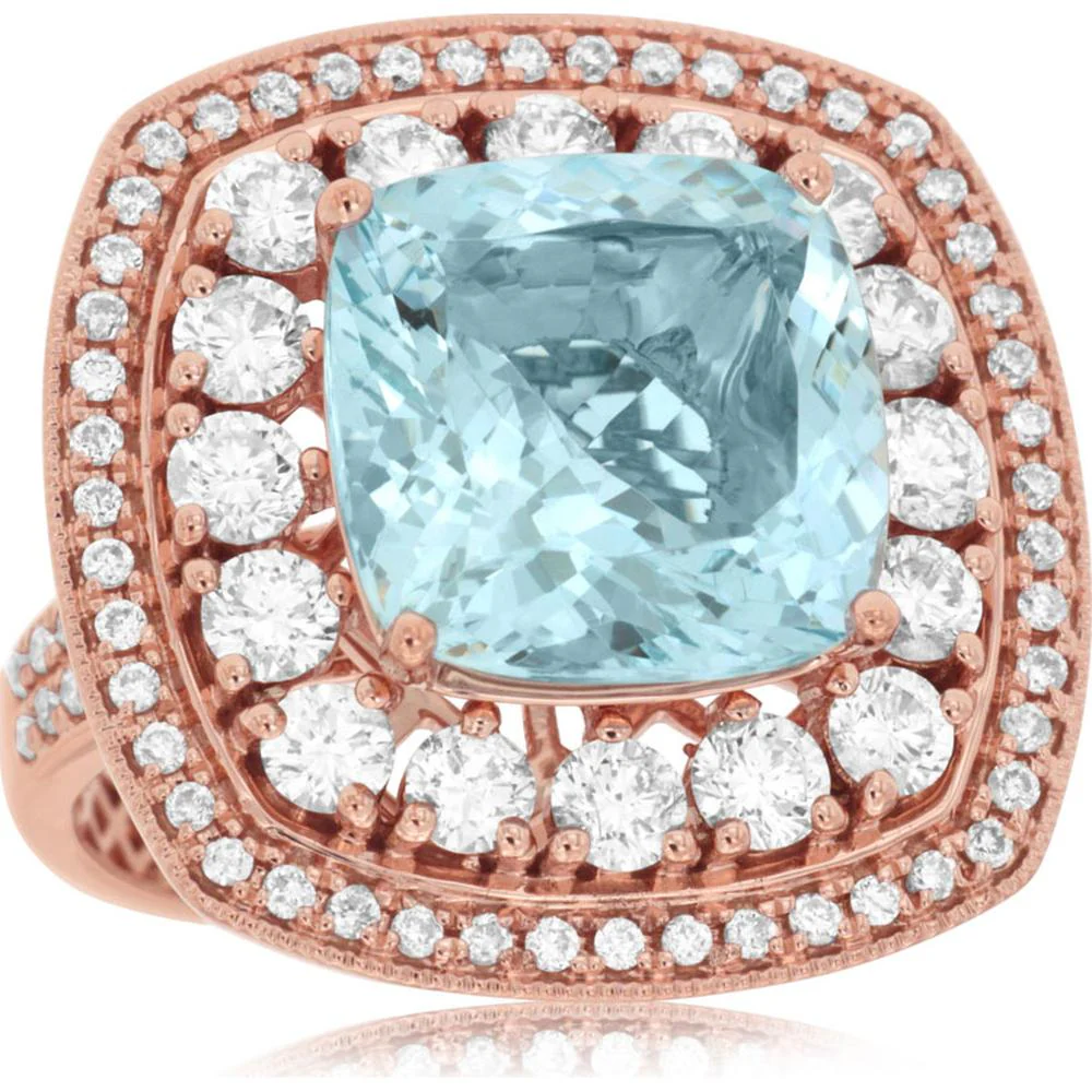 14K Rose Gold Double Halo Ring with 2.15 Carat Cushion Cut Aquamarine and 6.15 Carat Round Diamonds - Royal Jewelry