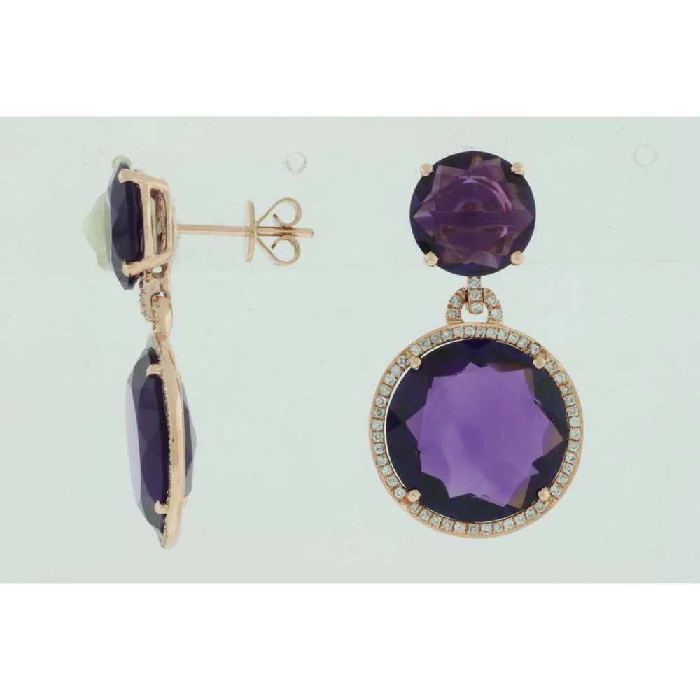 14K Rose Gold Drop Earrings with 24.00 Carat Round Amethyst and Diamond Halo - 1.00 Carat Total Diamond Weight - Royal Jewelry