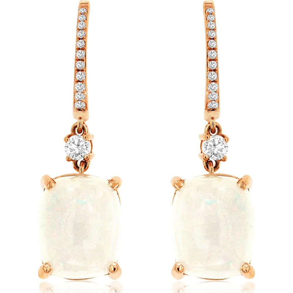 14K Rose Gold Drop Earrings with 5.70 Carat Oval Opals and 0.25 Carat Round Diamonds - Royal Jewelry