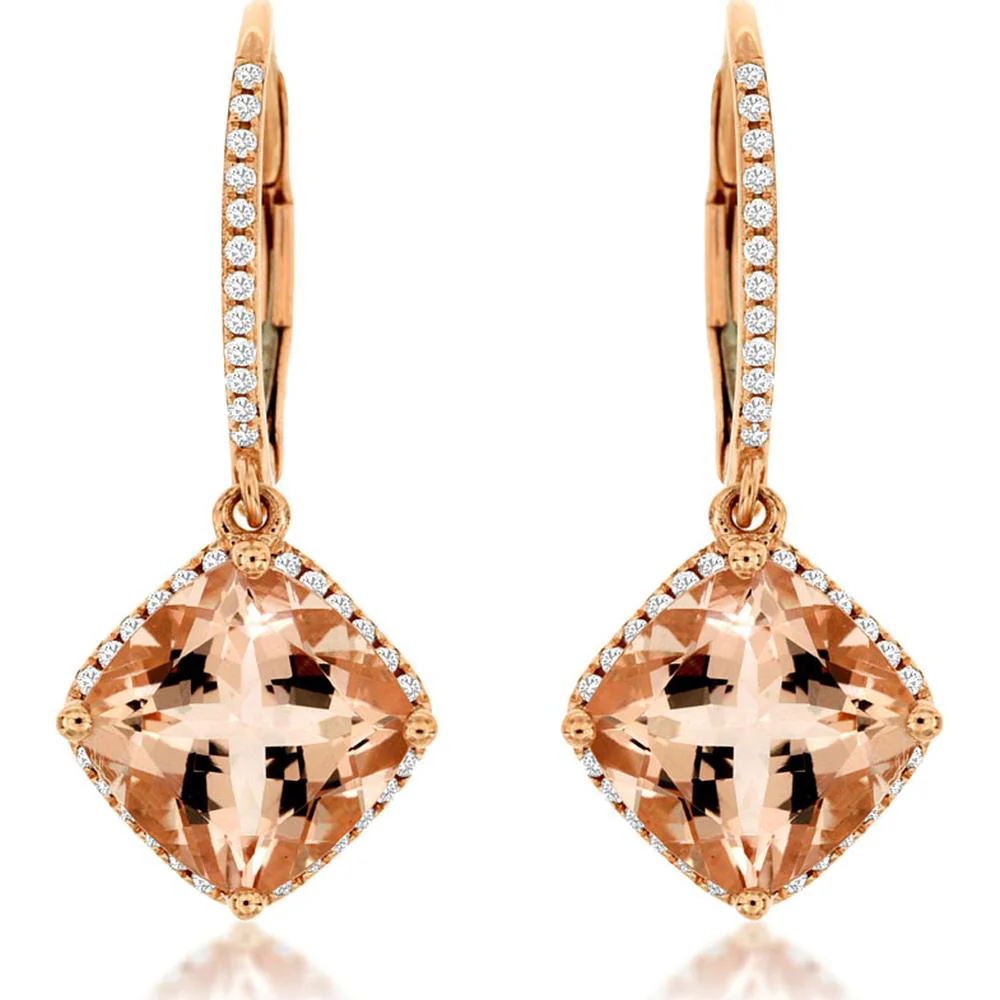 14K Rose Gold Drop Earrings with Cushion Cut Morganite and Diamond Halo - 4.00 Carat Total Morganite Weight, 0.21 Carat Total Diamond Weight - Royal Jewelry