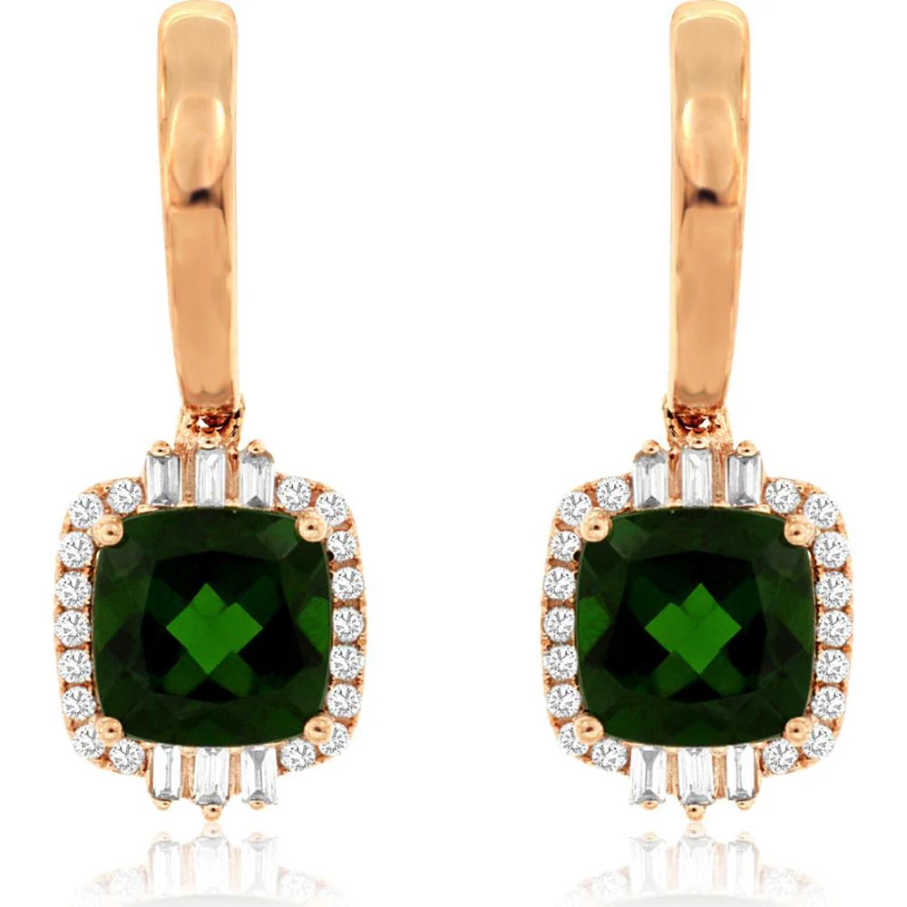 14K Rose Gold Drop Earrings with Cushion Cut Russalite and Dual-Cut Diamond Halo (Round & Baguette) - 2.80 Carat Total Russalite Weight, 0.29 Carat Total Diamond Weight - Royal Jewelry