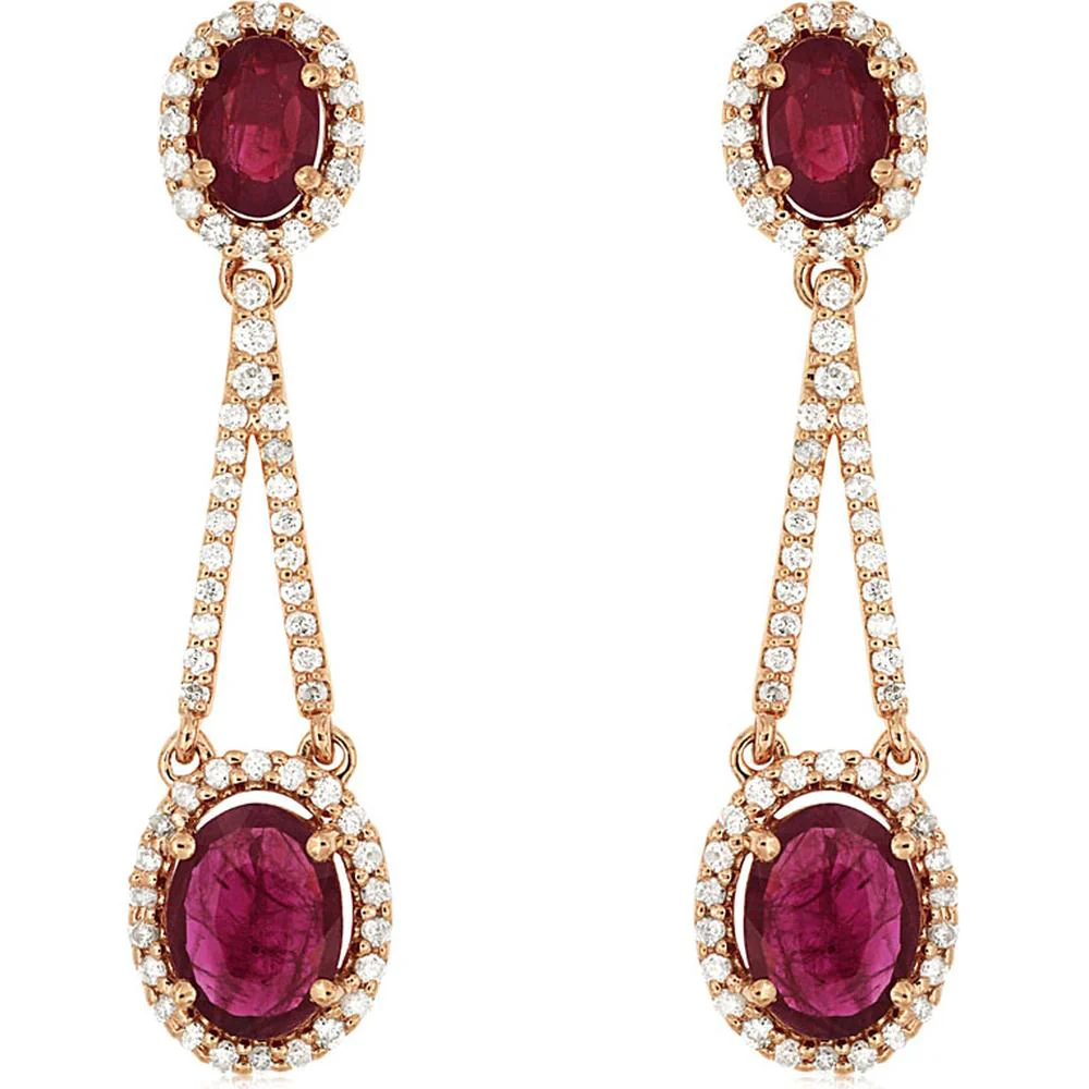 14K Rose Gold Drop Earrings with Diamond Halo and Oval Cut Rubies - 3.65 Carat Ruby Total Weight, 0.67 Carat Diamond Total Weight - Royal Jewelry