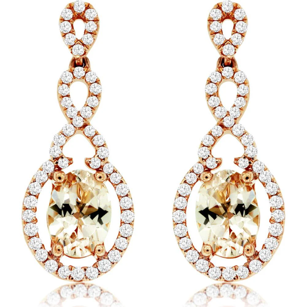 14K Rose Gold Drop Earrings with Oval Morganite and Diamond Halo Accents - 1.30 Carat Total Morganite Weight, 0.42 Carat Total Diamond Weight - Royal Jewelry