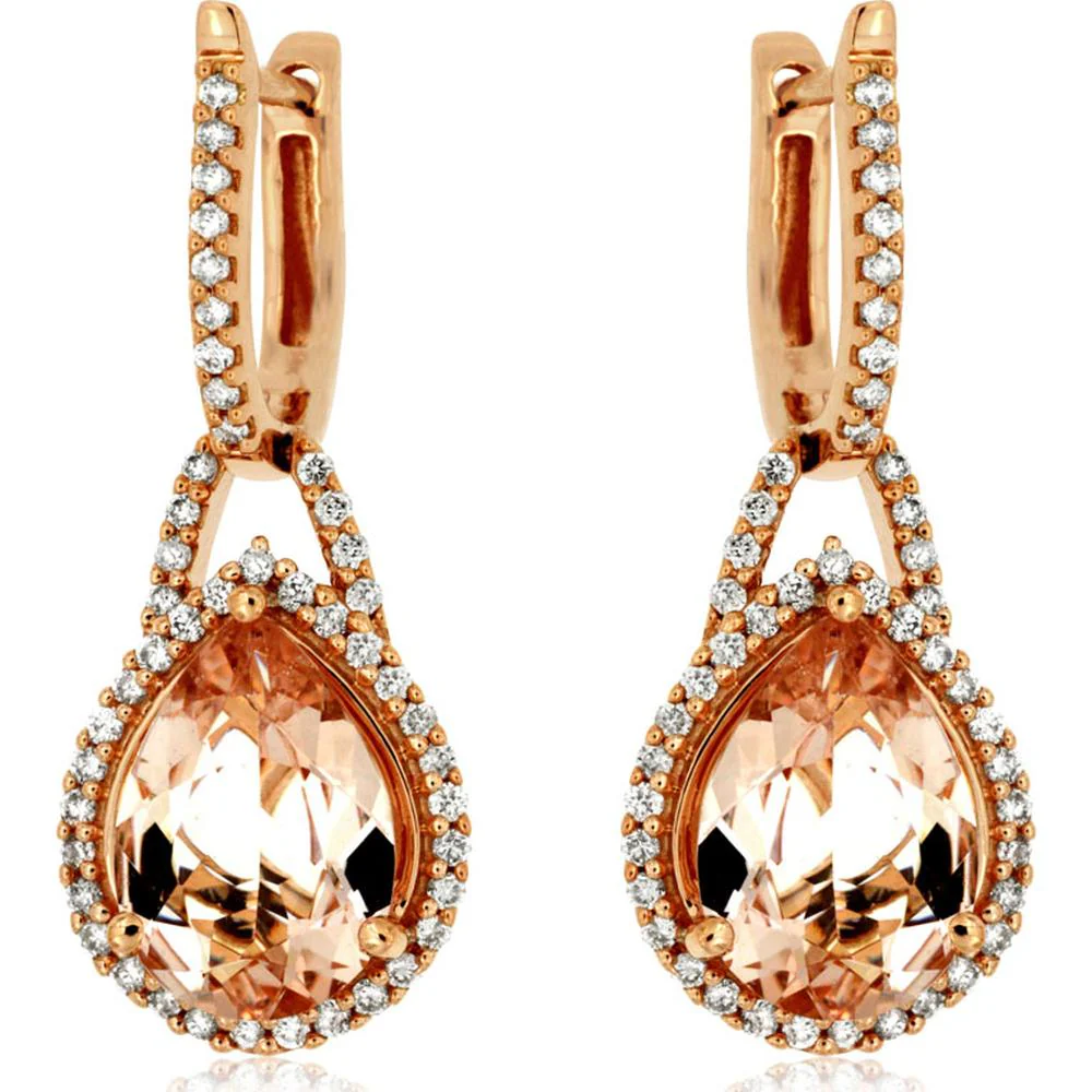 14K Rose Gold Drop Earrings with Pear-Shaped Morganite and Diamond Halo - 2.90 Carat Total Morganite Weight - Royal Jewelry