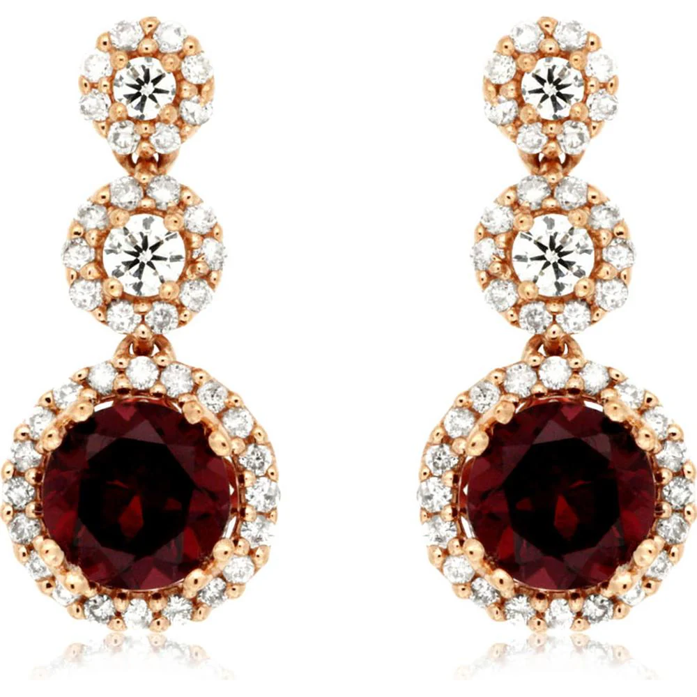 14K Rose Gold Drop Earrings with Round Rhodolite and Diamond Halos - 1.35 Carat Total Rhodolite Weight, 0.45 Carat Total Diamond Weight - Royal Jewelry