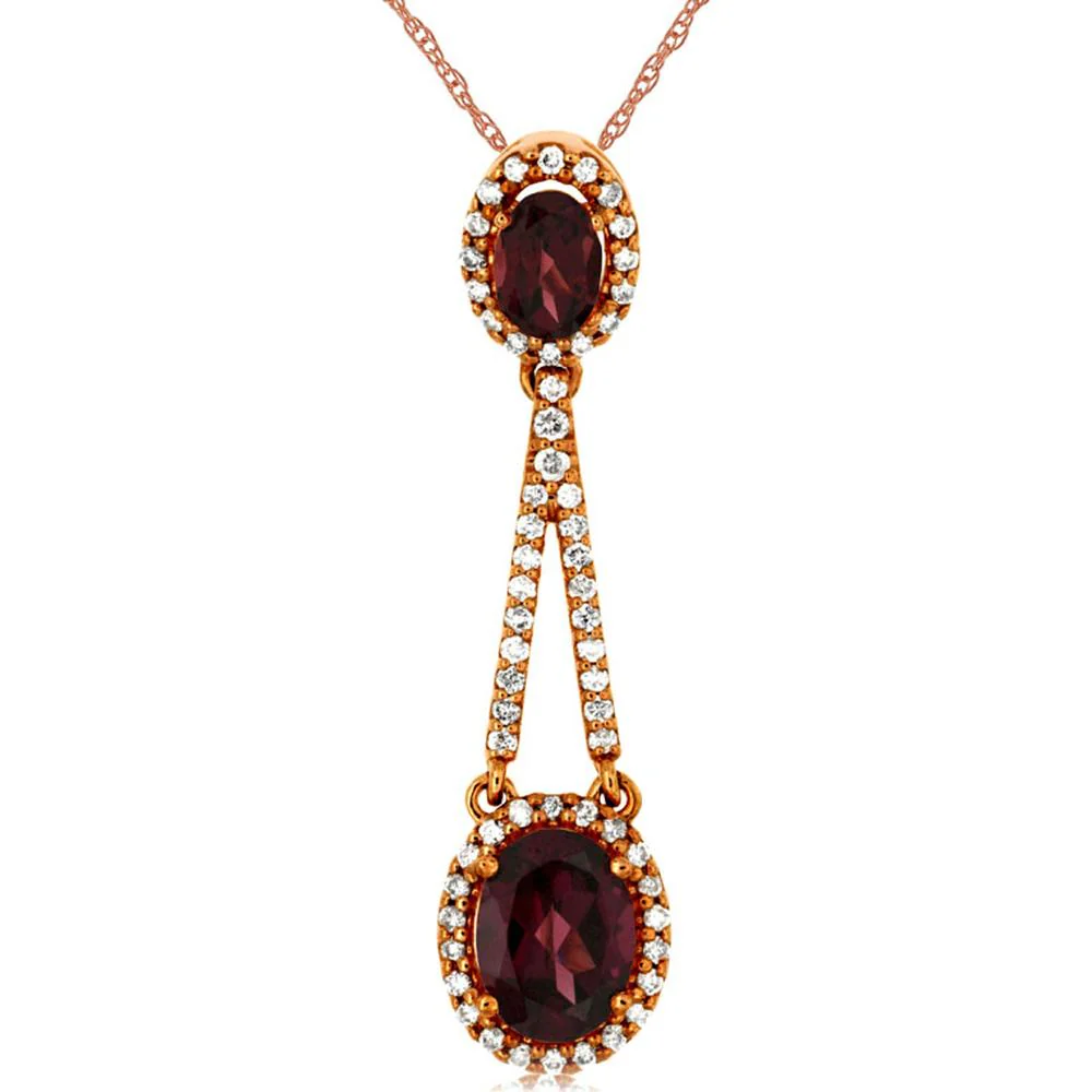 14K Rose Gold Drop Pendant with Oval Rhodolite and Diamond Halo - 0.32 Carat Diamond Weight and 2.15 Carat Rhodolite Weight - Royal Jewelry