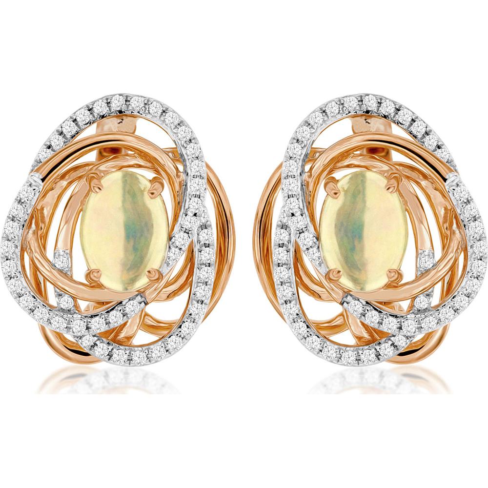 14K Rose Gold Earrings with Oval Opals and Diamond Halo - 1.30 Carats Total Opal Weight, 0.60 Carats Total Diamond Weight - Royal Jewelry