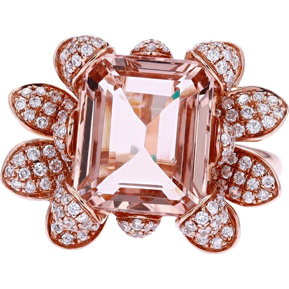 14K Rose Gold EFFY Emerald Cut Morganite Flower Ring with 1.19 Carat Pavé Diamonds - 5.50 Carat Total Morganite